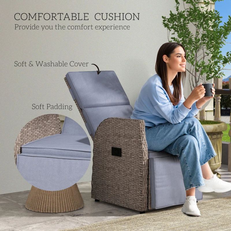 Outsunny Outdoor Recliner Chair with Adjustable Backrest & Footrest, Cushion, Side Tray, Grey