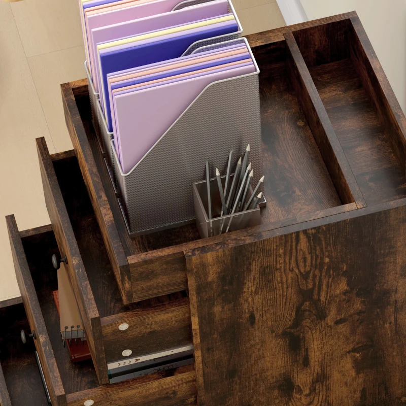 HOMCOM 3 Drawer File Cabinet on Wheels Mobile Home Office Storage Cabinet with Top Tray Under Desk Printer Stand, Brown