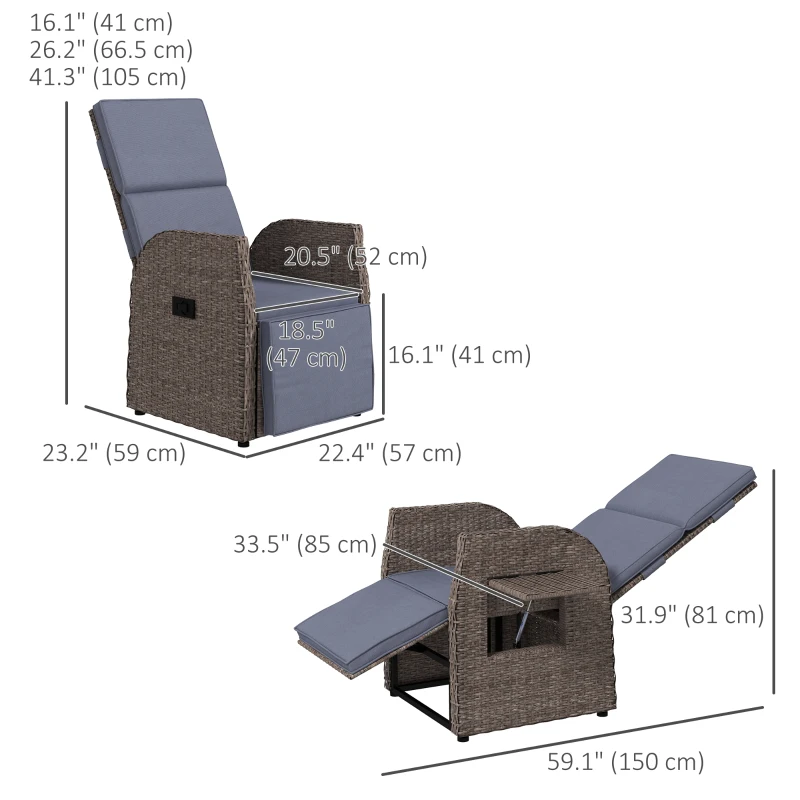 Outsunny Outdoor Recliner Chair with Adjustable Backrest & Footrest, Cushion, Side Tray, Grey