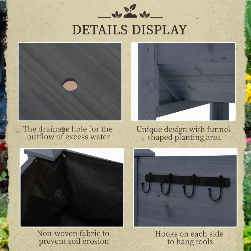 Outsunny Wooden Raised Garden Plant Stand Outdoor Tall Flower Bed Box with Hooks, 48" x 24" x 32", Grey