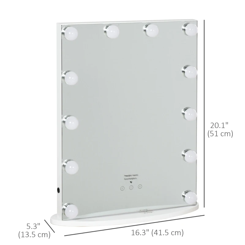 HOMCOM, Hollywood Lighted Makeup Mirror with 12 Dimmable LED Bulbs, 3 Color Lighting Modes, Touch Control Design for Cosmetic Dressing Table, White