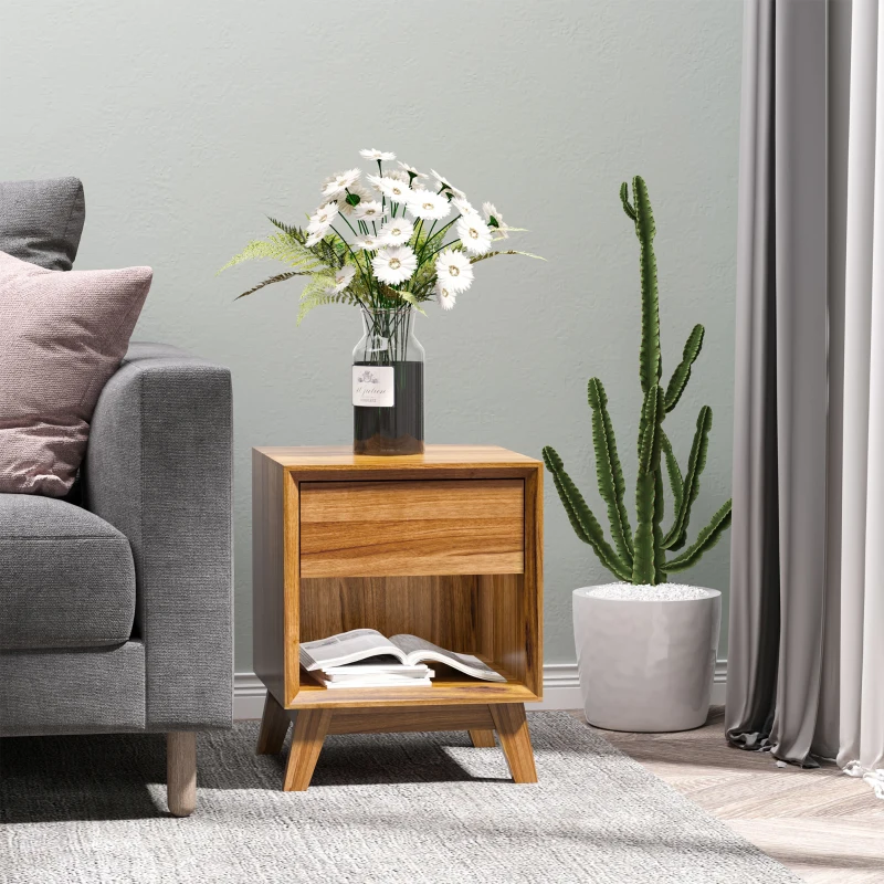 HOMCOM Bedside Table for Bedroom, Nightstand with Drawer and Shelf, Modern Side End Table, Walnut Brown