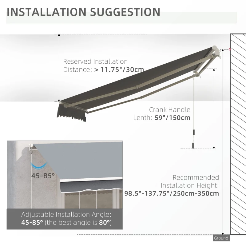 Outsunny 10x8ft Patio Awning Manual Retractable Sun Shade Aluminum Frame Grey