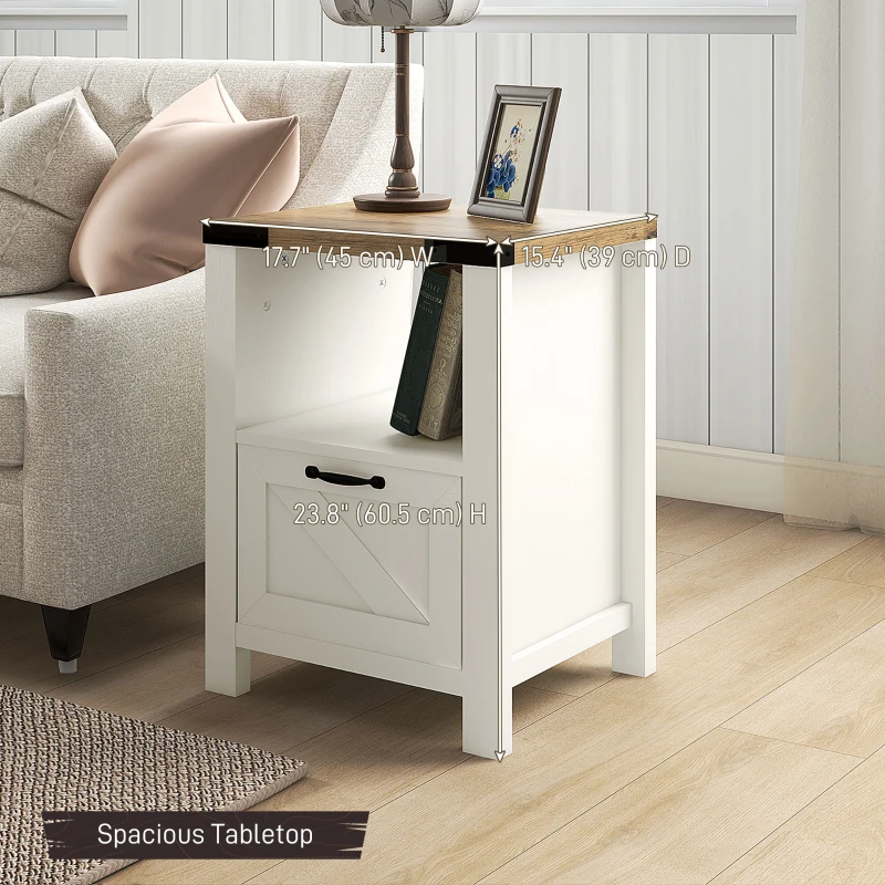HOMCOM Side Table with Storage, Farmhouse End Table with Drawer, Open Shelf and Barn-style Panel, Nightstand for Living Room, Bedroom, White