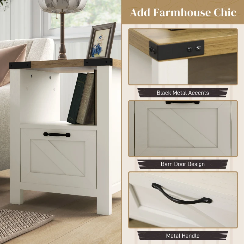 HOMCOM Side Table with Storage, Farmhouse End Table with Drawer, Open Shelf and Barn-style Panel, Nightstand for Living Room, Bedroom, White