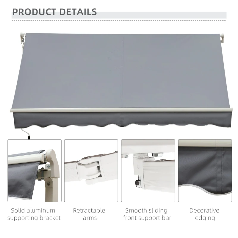 Outsunny 10x8ft Patio Awning Manual Retractable Sun Shade Aluminum Frame Grey