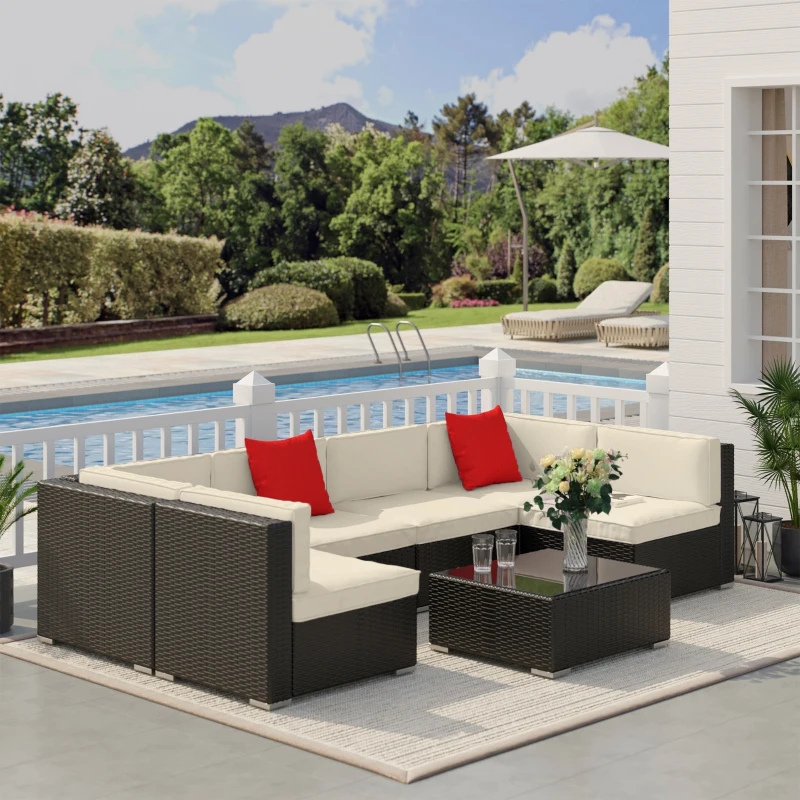 Outsunny 7 Piece Outdoor Patio Sofa Set with Cushions, All Weather PE Rattan, 29.5" Sofa Section, Glass Top Coffee Table for Outdoor Living, Beige(m-9)