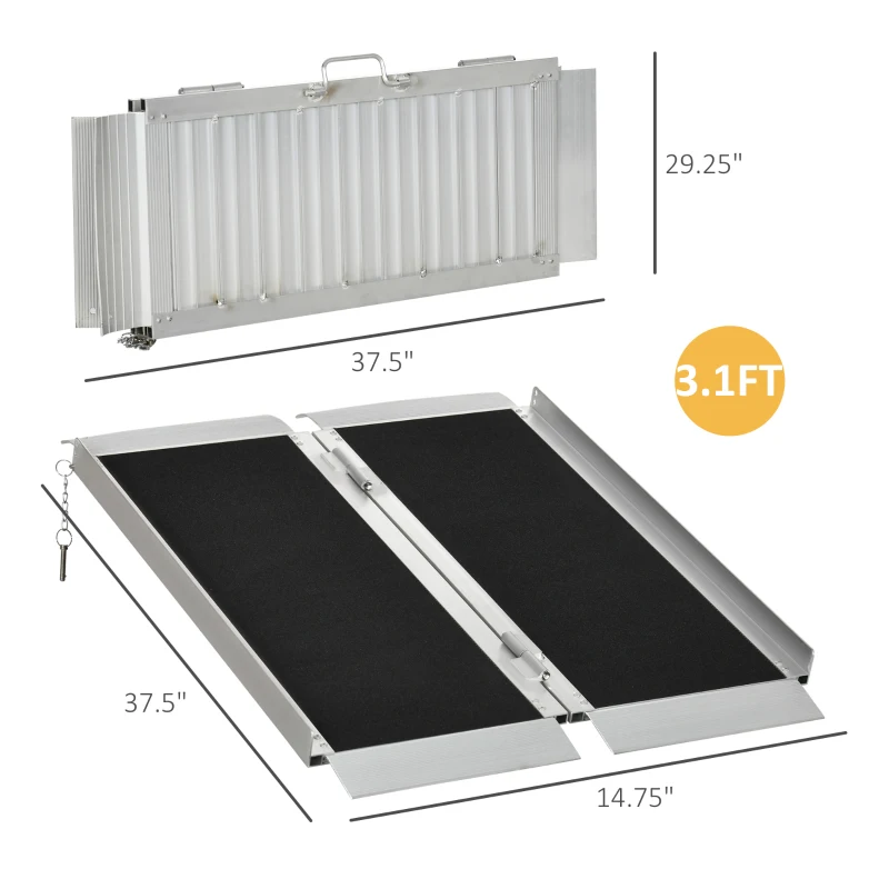 HOMCOM 3' Portable Wheelchair Ramp Aluminum Threshold with Carry Handle, Silver, Enhances Accessibility for Homes & Businesses