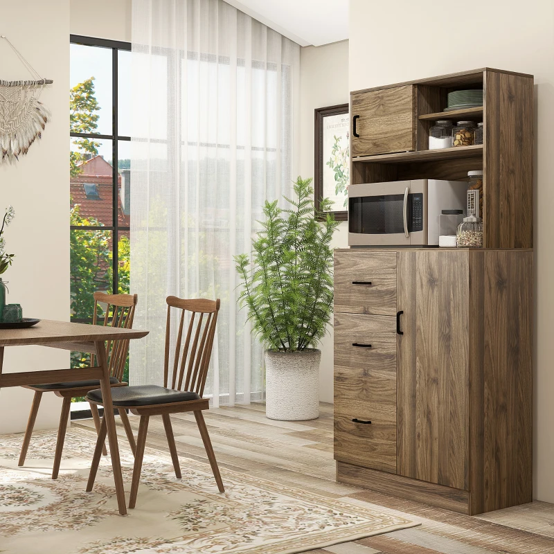 HOMCOM 70" Buffet Hutch with 3 Drawers, Kitchen Pantry with Sliding Door, Large Cabinet and Adjustable Shelves, Walnut