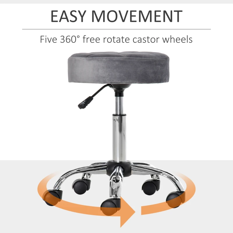HOMCOM Round Rolling Stool with Height Adjustable Lift, Vanity Chair with Luxury Style Upholstery, Office Chair with Swivel Seat and Wheels for Work Spa Salon, Grey