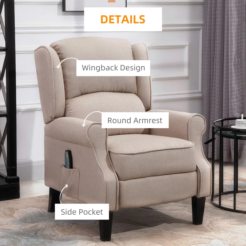 HOMCOM Wingback Heated Vibrating Accent Sofa Vintage Upholstered Massage Recliner Chair Push-back with Remote Controller, Beige