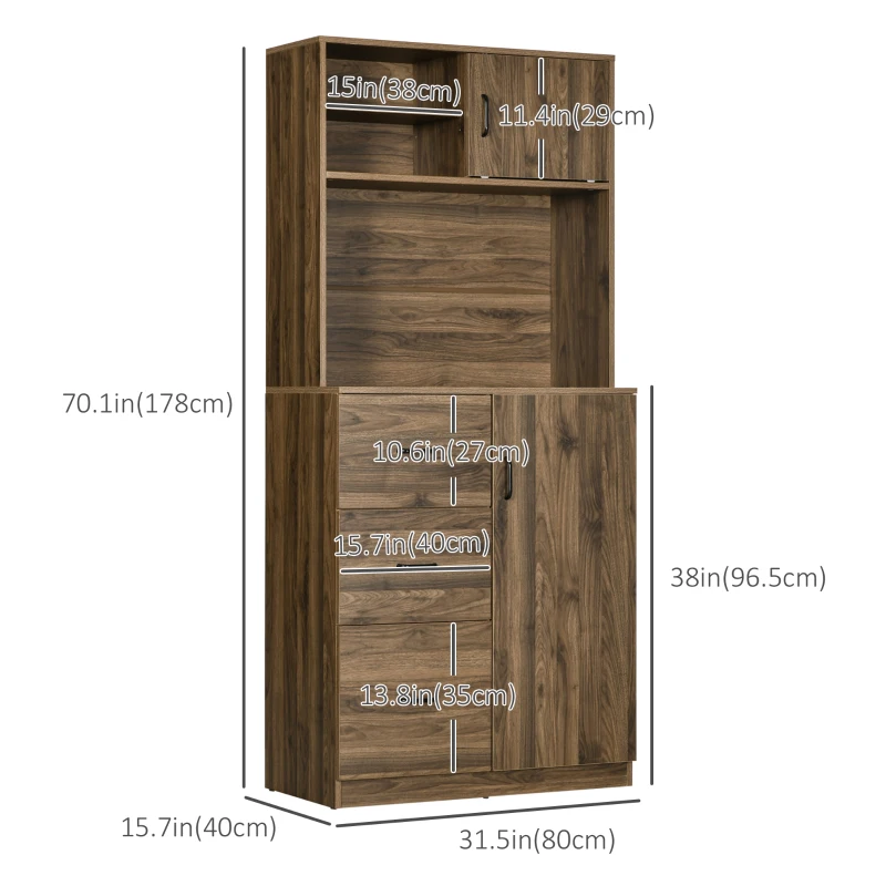 HOMCOM Kitchen Buffet and Hutch Storage Pantry Cupboard with Sliding Door,4 Adjustable Shelves,3 Drawers, Microwave Cabinet for Dining Room, Living Room, Entryway, Walnut