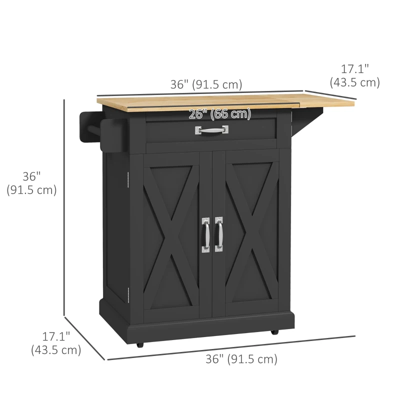 HOMCOM Foldable Kitchen Island with Storage Drawer, Farmhouse Rolling Utility Cart on Wheels with Drop-Leaf Wood Top, Black