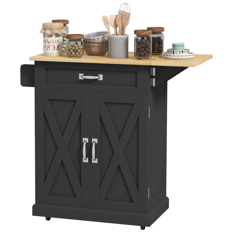 HOMCOM Foldable Kitchen Island with Storage Drawer, Farmhouse Rolling Utility Cart on Wheels with Drop-Leaf Wood Top, Black