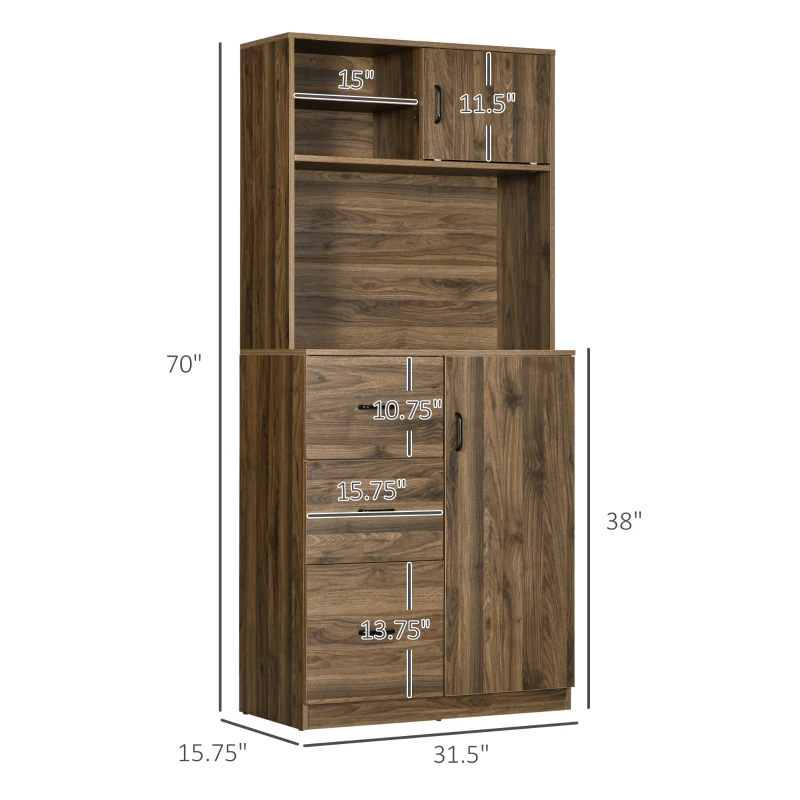 HOMCOM 70" Buffet Hutch with 3 Drawers, Kitchen Pantry with Sliding Door, Large Cabinet and Adjustable Shelves, Walnut