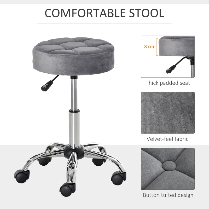 HOMCOM Round Rolling Stool with Height Adjustable Lift, Vanity Chair with Luxury Style Upholstery, Office Chair with Swivel Seat and Wheels for Work Spa Salon, Grey
