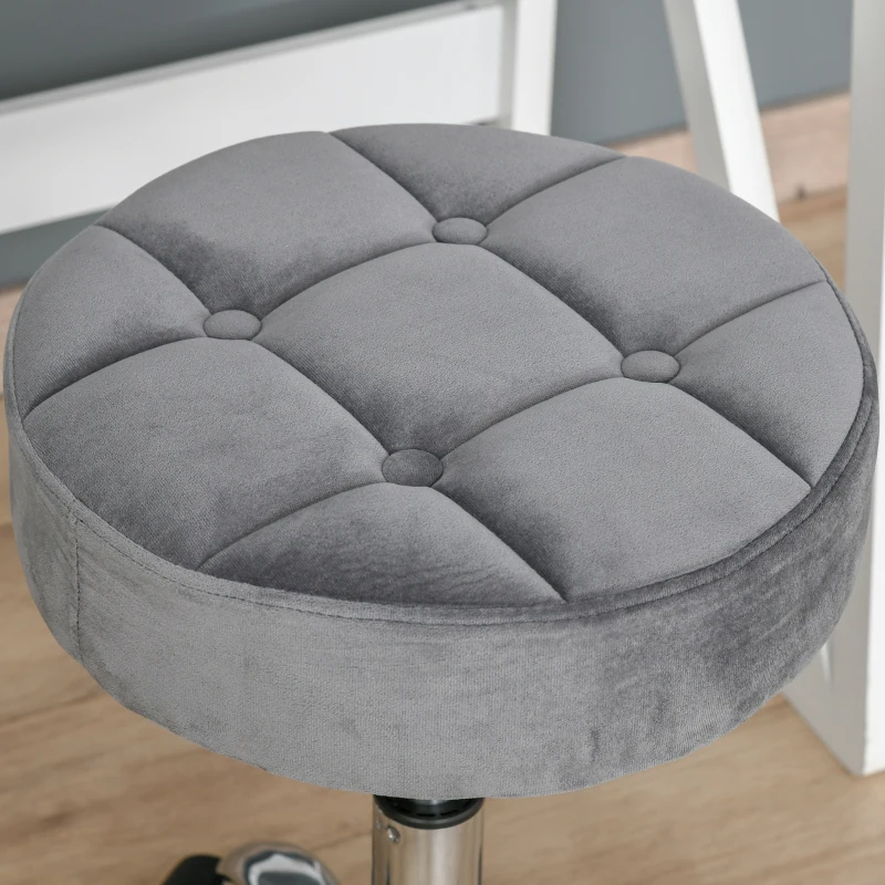 HOMCOM Round Rolling Stool with Height Adjustable Lift, Vanity Chair with Luxury Style Upholstery, Office Chair with Swivel Seat and Wheels for Work Spa Salon, Grey
