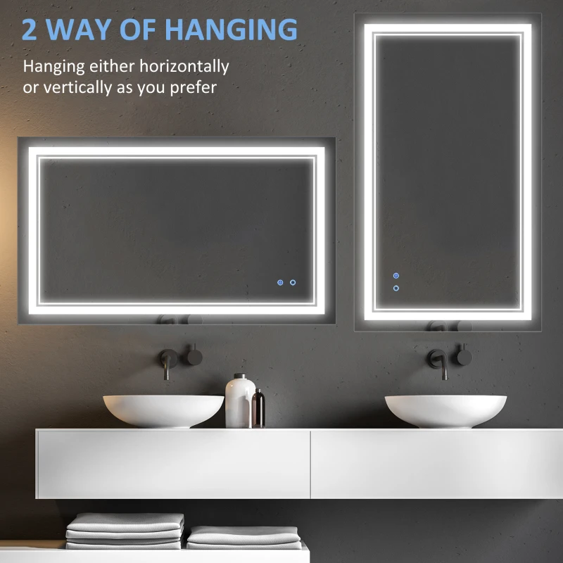 kleankin 40" x 24" LED Bathroom Mirror, Dimmable Lighted Wall-Mounted Mirror, with 3 Colour, Smart Touch, Plug-in, Vertical or Horizontal Hanging