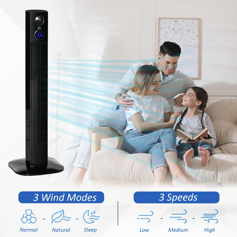 HOMCOM 38" Tower Fan for Bedroom Cooling, Standing Floor Fan with Aroma Diffuser, 70° Oscillating, 12 Hour Timer, LED Sensor Panel, and Remote Control, Black