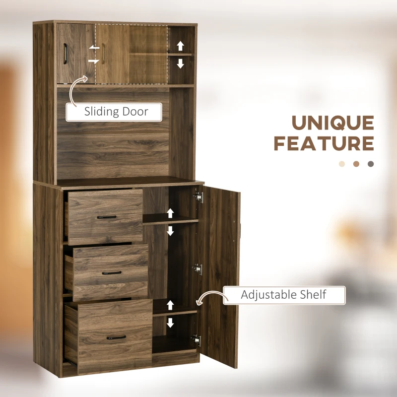 HOMCOM Kitchen Buffet and Hutch Storage Pantry Cupboard with Sliding Door,4 Adjustable Shelves,3 Drawers, Microwave Cabinet for Dining Room, Living Room, Entryway, Walnut