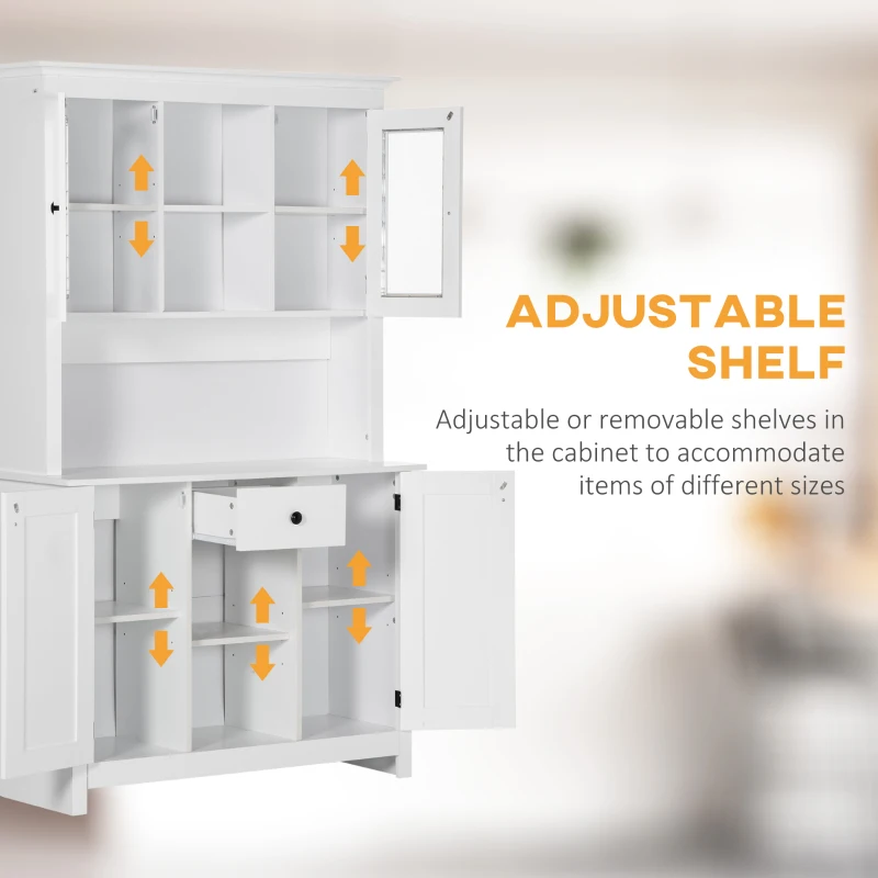 HOMCOM Kitchen Pantry Storage Cabinet, Freestanding Buffet with Hutch, Microwave Stand with 4 Doors, Drawer, Beadboard Panel and Adjustable Shelves, White