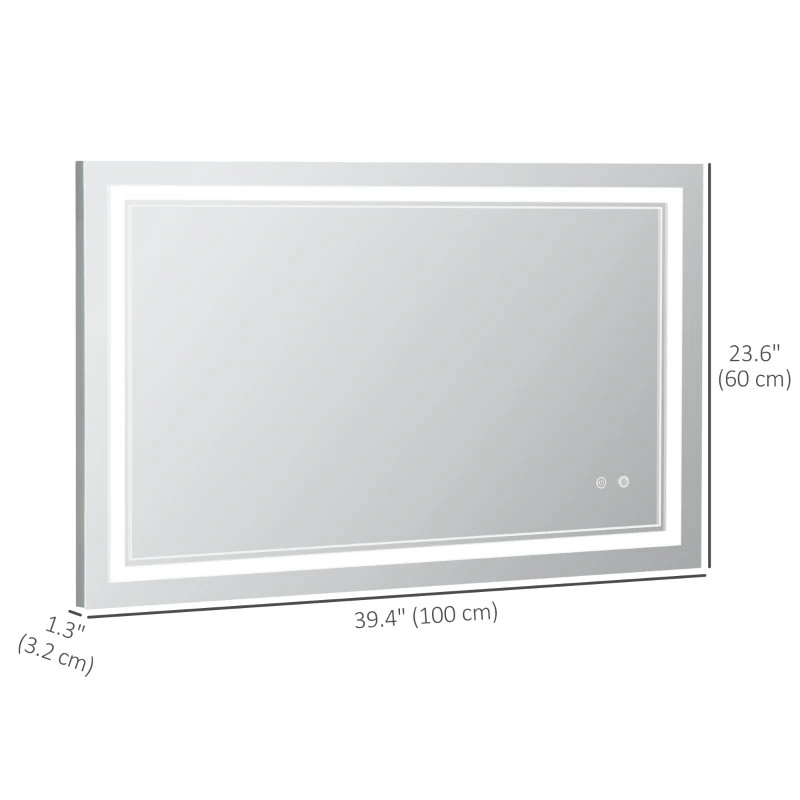 kleankin 40" x 24" LED Bathroom Mirror, Dimmable Lighted Wall-Mounted Mirror, with 3 Colour, Smart Touch, Plug-in, Vertical or Horizontal Hanging