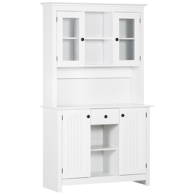 HOMCOM Kitchen Pantry Storage Cabinet, Freestanding Buffet with Hutch, Microwave Stand with 4 Doors, Drawer, Beadboard Panel and Adjustable Shelves, White
