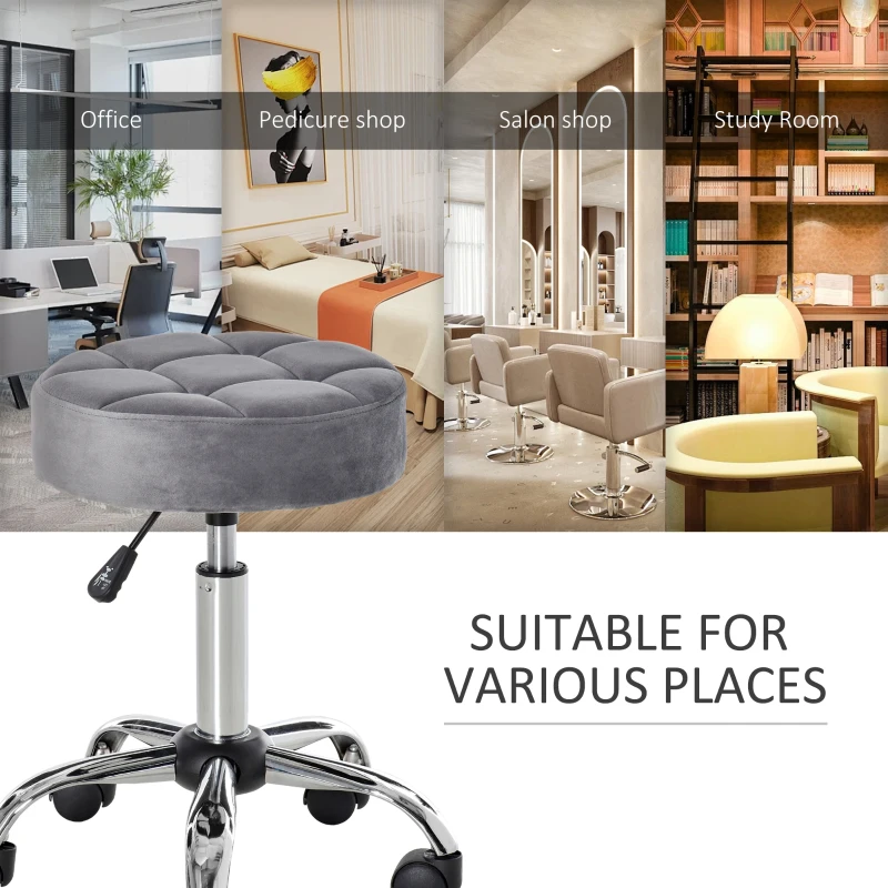 HOMCOM Round Rolling Stool with Height Adjustable Lift, Vanity Chair with Luxury Style Upholstery, Office Chair with Swivel Seat and Wheels for Work Spa Salon, Grey