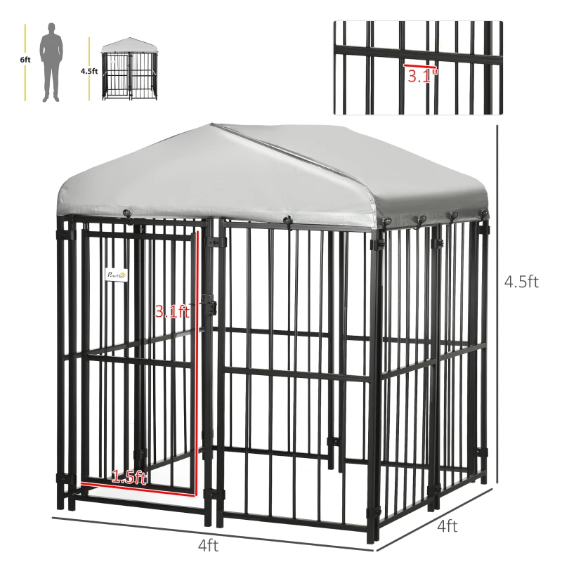 PawHut 4' x 4' Dog Kennel, Outdoor Dog Playpen Run with Waterproof, UV Resistant Canopy, Heavy-Duty Chain Link for Small and Medium Dogs
