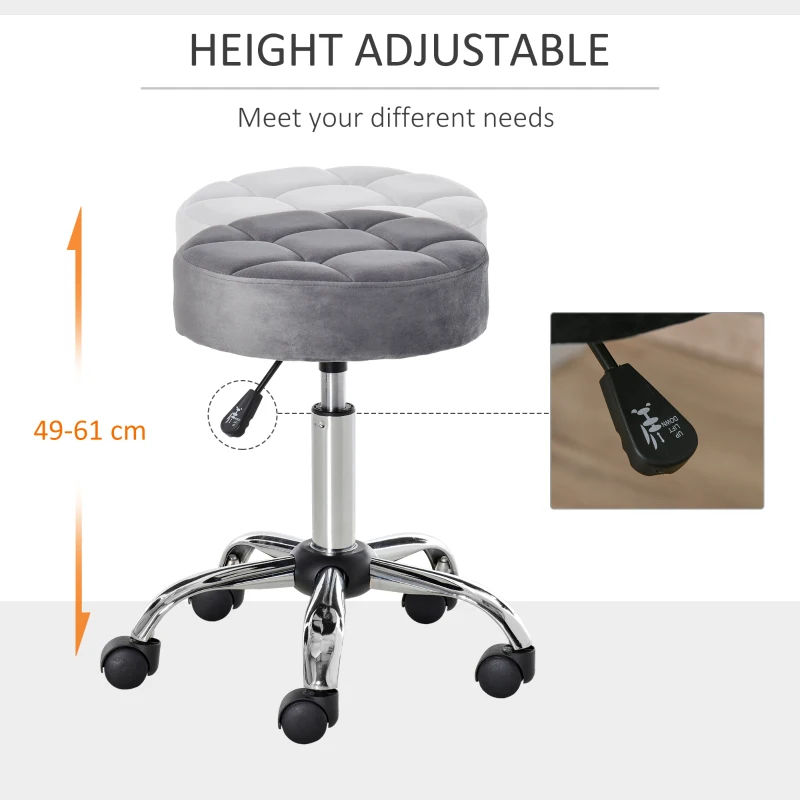HOMCOM Round Rolling Stool with Height Adjustable Lift, Vanity Chair with Luxury Style Upholstery, Office Chair with Swivel Seat and Wheels for Work Spa Salon, Grey
