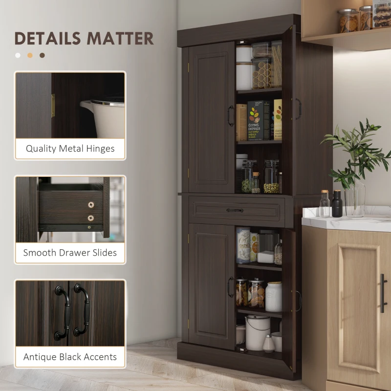 HOMCOM 71" Freestanding Kitchen Pantry with 4 Doors and 2 Large Cabinets, Tall Storage Cabinet with Drawer, Coffee