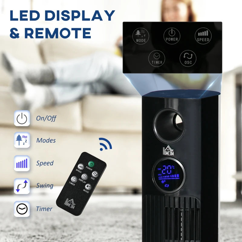 HOMCOM 38" Tower Fan for Bedroom Cooling, Standing Floor Fan with Aroma Diffuser, 70° Oscillating, 12 Hour Timer, LED Sensor Panel, and Remote Control, Black