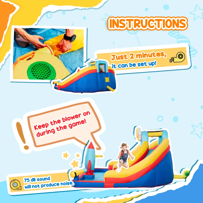 Outsunny 5-in-1 Inflatable Water Slide, Rocket Themed Kids Castle Bounce House with Slide, Pool, Water Cannon, Basket, Climbing Wall Includes Carry Bag, Repair Patches, 750W Air Blower