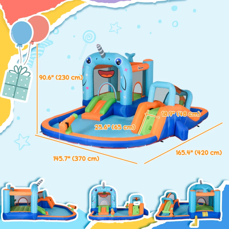 Outsunny 13.8 x 12FT Large Inflatable Water Slide Bouncy Castle, Narwhals Style Kids Bounce House with 450W Blower, Slide, Trampoline, Pool, Water Cannons, Climbing Wall, Carry Bag