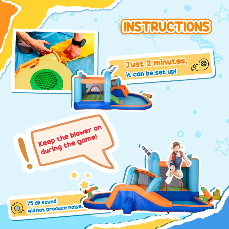 Outsunny 13.8 x 12FT Large Inflatable Water Slide Bouncy Castle, Narwhals Style Kids Bounce House with 450W Blower, Slide, Trampoline, Pool, Water Cannons, Climbing Wall, Carry Bag