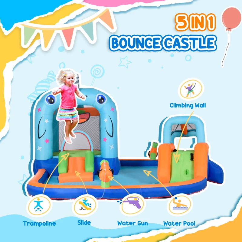 Outsunny 13.8 x 12FT Large Inflatable Water Slide Bouncy Castle, Narwhals Style Kids Bounce House with 450W Blower, Slide, Trampoline, Pool, Water Cannons, Climbing Wall, Carry Bag