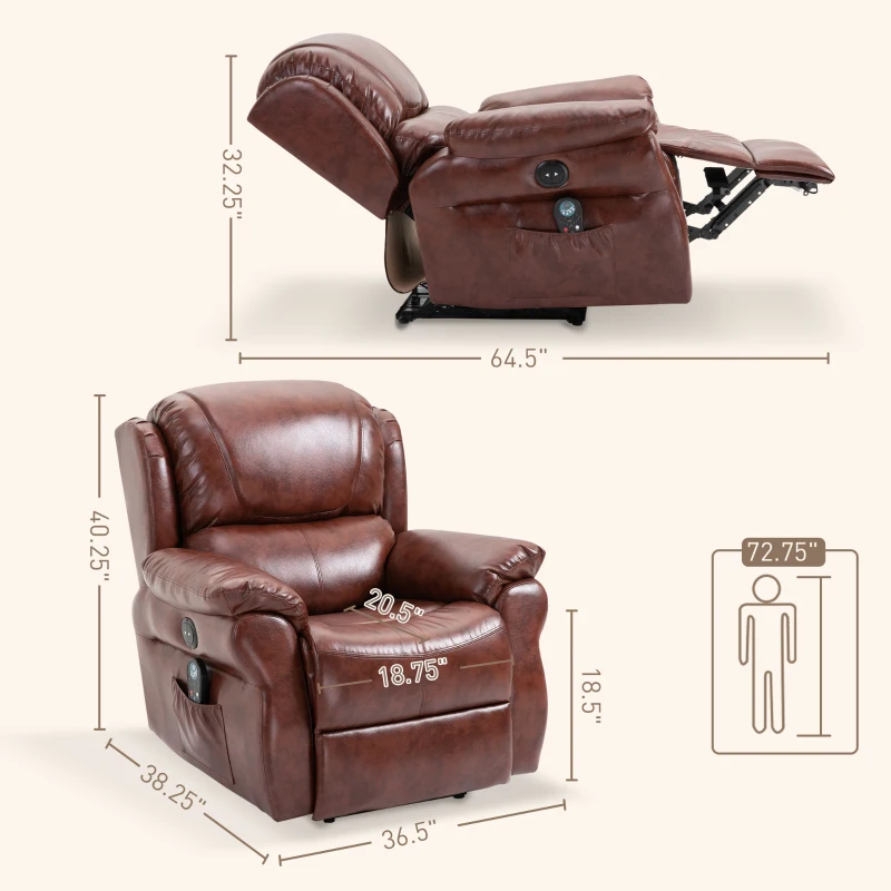 HOMCOM Vibration Massage Recliner Chair for Living Room with Heat,   Single Sofa, PU Leather Power Reclining Chair, Home Theater Seating with Footrest, Brown