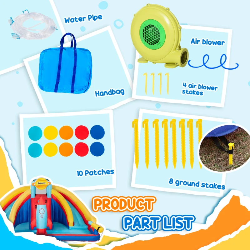 Outsunny 5-in-1 Inflatable Water Slide, Rocket Themed Kids Castle Bounce House with Slide, Pool, Water Cannon, Basket, Climbing Wall Includes Carry Bag, Repair Patches, 750W Air Blower