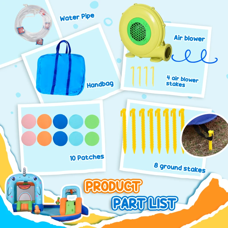 Outsunny 13.8 x 12FT Large Inflatable Water Slide Bouncy Castle, Narwhals Style Kids Bounce House with 450W Blower, Slide, Trampoline, Pool, Water Cannons, Climbing Wall, Carry Bag