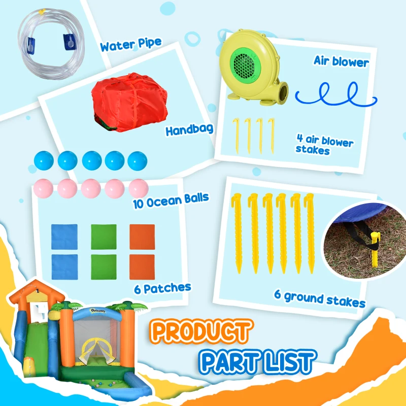 Outsunny 5-in-1 Kids Inflatable Bounce House Jumping Castle with Slide, Climbing Wall, Trampoline, & Water Pool Area, Water Cannon, Sea Balls, Air Blower