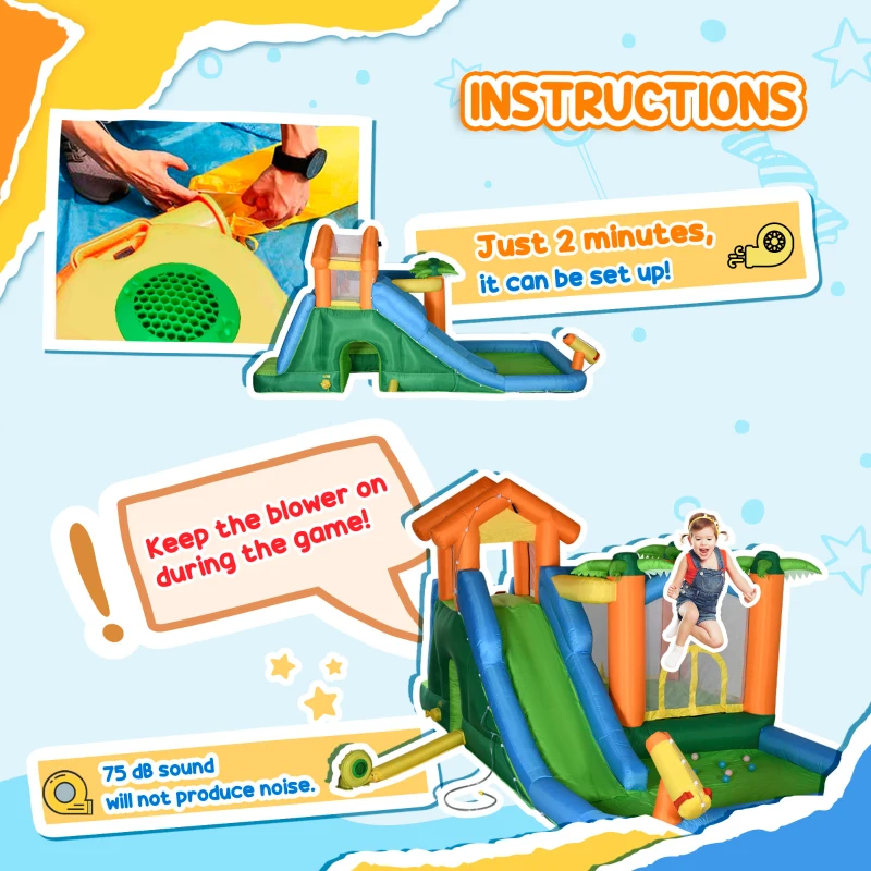 Outsunny 5-in-1 Kids Inflatable Bounce House Jumping Castle with Slide, Climbing Wall, Trampoline, & Water Pool Area, Water Cannon, Sea Balls, Air Blower