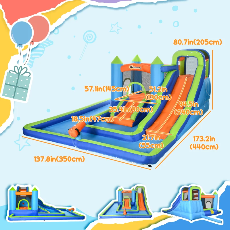 Outsunny 5 in 1 Kids Bounce House with Double Slides Pool Trampoline Climbing Wall Water Cannon, Inflatable Bouncy Castle Outdoor with Blower Carrying Bag, for 3-8 Years Old