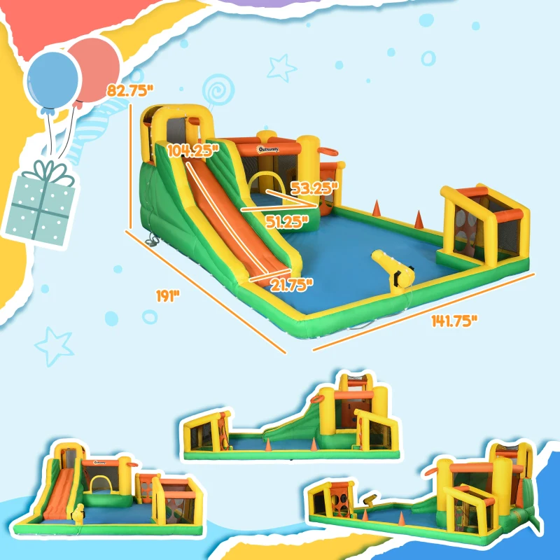 Outsunny 7-in-1 Inflatable Water Slide Kids Bounce House Water Park with Trampoline Pool, Carry Bag 450W Air Blower