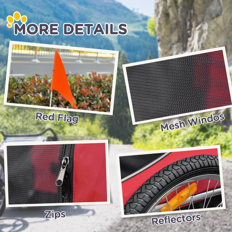 Aosom Dog Bike Trailer, Pet Cart Bicycle, Wagon Cargo Carrier Attachment with Hitch, Reflectors, Flag for Medium Dogs, Pet Wheelchair for Travelling, Red