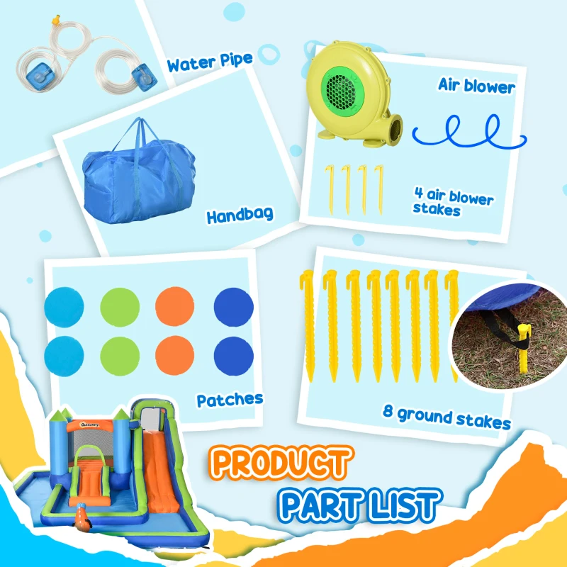 Outsunny 5 in 1 Kids Bounce House with Double Slides Pool Trampoline Climbing Wall Water Cannon, Inflatable Bouncy Castle Outdoor with Blower Carrying Bag, for 3-8 Years Old