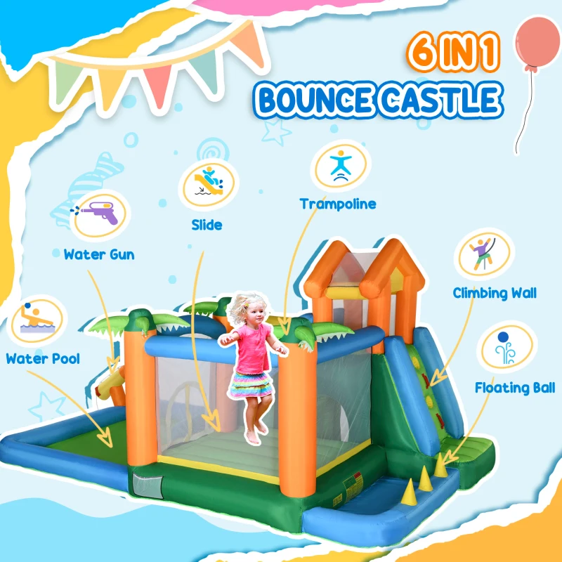 Outsunny Large Bounce House w/ Inflatable Water Slide, Summer Theme Jumping Castle w/ Trampoline, Water Pool, Climbing Wall, 450W Air Blower for Kids Age 3-8