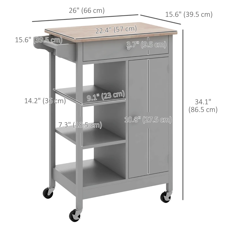 HOMCOM Modern Rolling Kitchen Island Cart with Drawer, Natural Wood Top, Towel Rack, Door Storage Cabinet, Grey