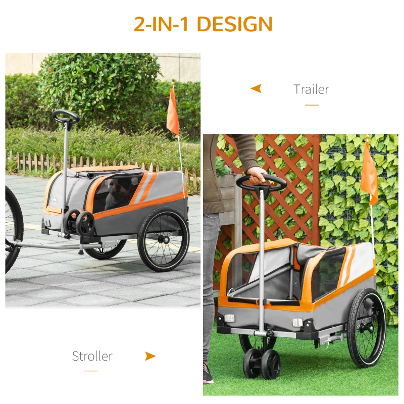 Aosom Dog Bike Trailer 2-in-1 Travel Dog Stroller, Bike Cargo Trailer, Small Pet Bicycle Cart Carrier with Universal Coupler, Safety Leash, and Easy Fold Design, Orange