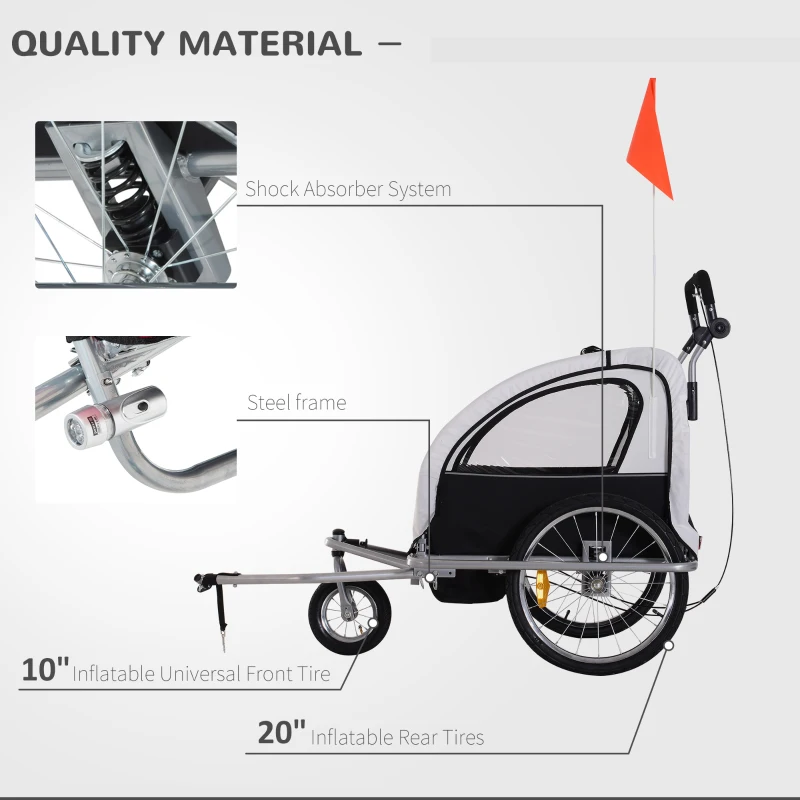 Aosom Elite 360 Swivel Bike Trailer for Kids Double Child Two-Wheel Bicycle Cargo Trailer With 2 Security Harnesses, White