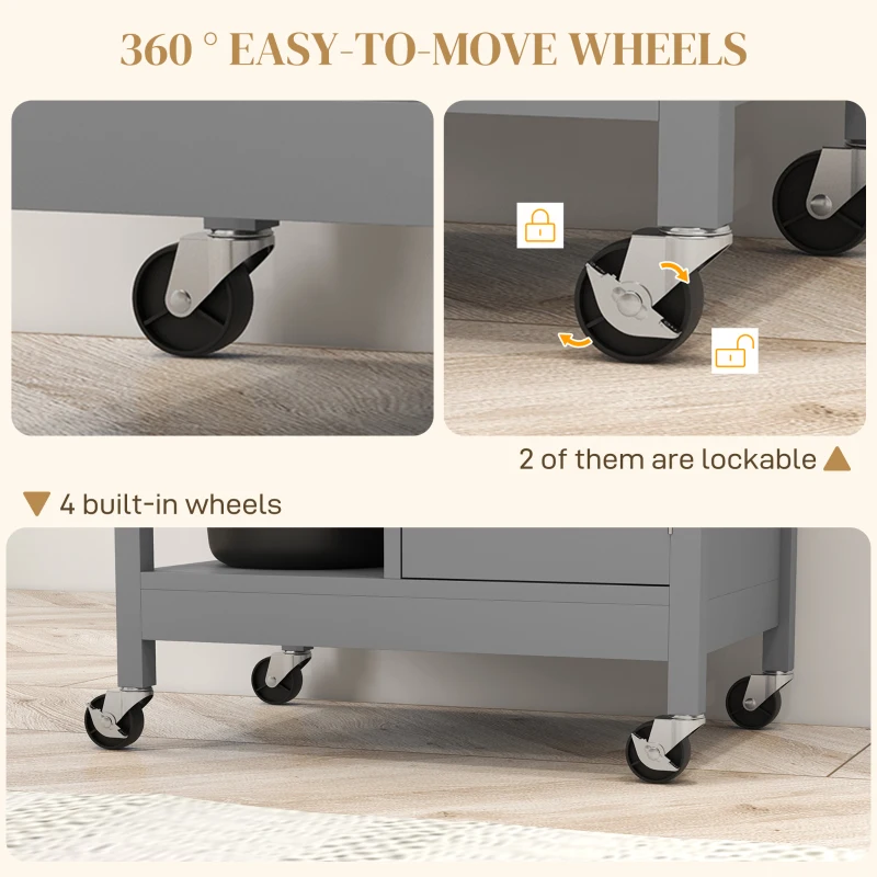 HOMCOM Modern Rolling Kitchen Island Cart with Drawer, Natural Wood Top, Towel Rack, Door Storage Cabinet, Grey